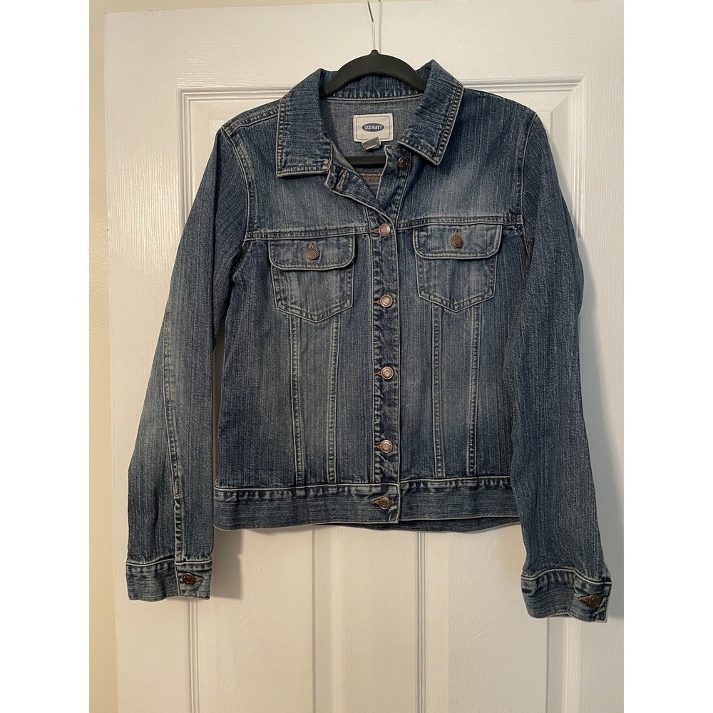 Old Navy Women's Distressed Denim Jean Jacket Blue Sz Med Medium Blue Y2K